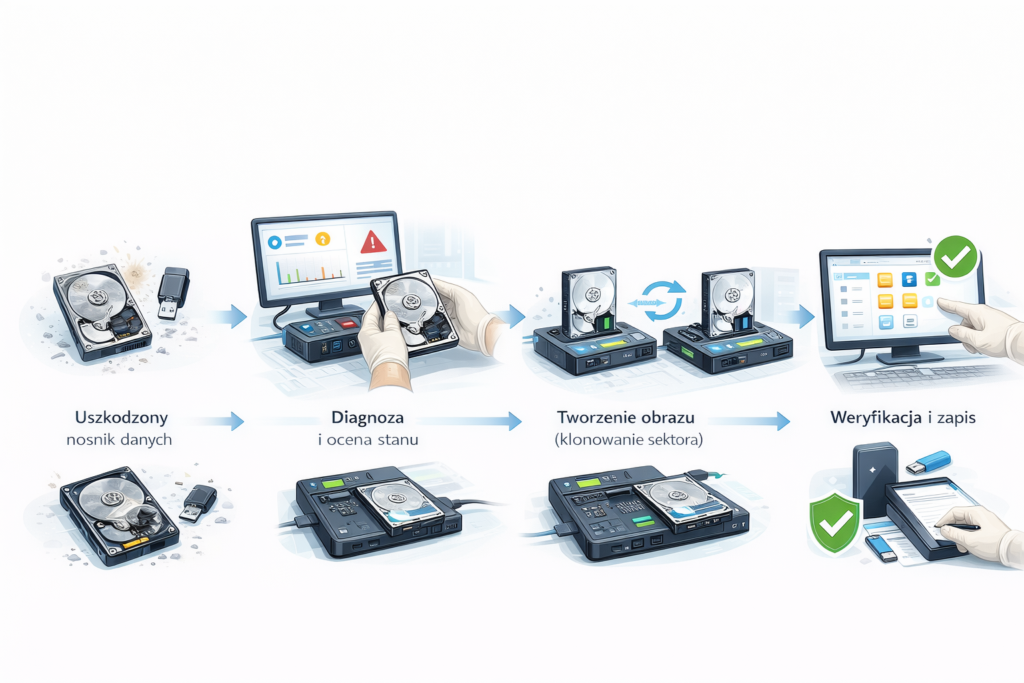 Etapy odzyskiwania danych z uszkodzonego dysku – diagnoza, klonowanie sektorowe i weryfikacja danych
