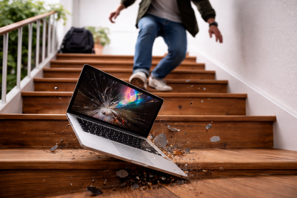 Laptop spadający ze schodów, pęknięta matryca po upadku i uszkodzenie mechaniczne obudowy