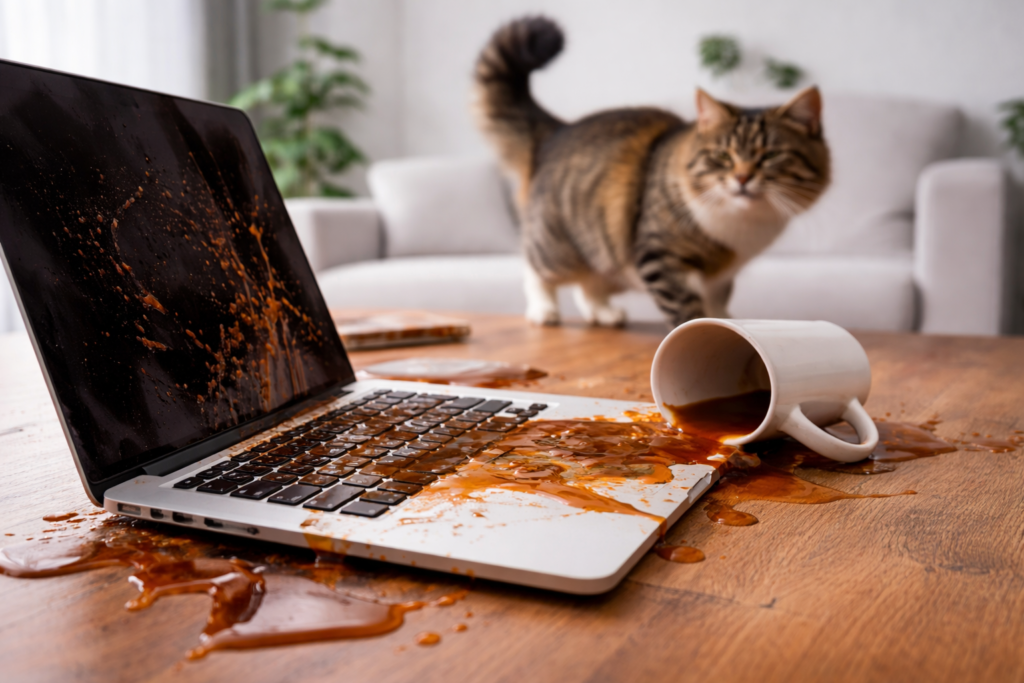 Zalany laptop kawą po potrąceniu kubka przez kota, widoczne uszkodzenie klawiatury