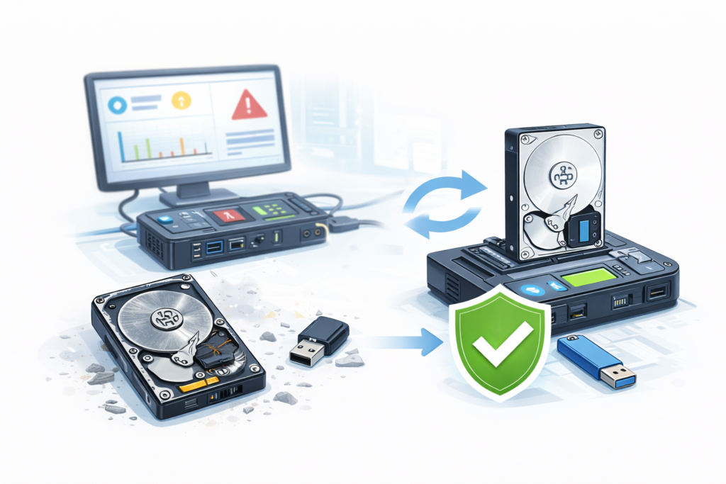 Odzyskiwanie danych z uszkodzonego dysku – diagnoza, klonowanie sektorowe i bezpieczny zapis danych